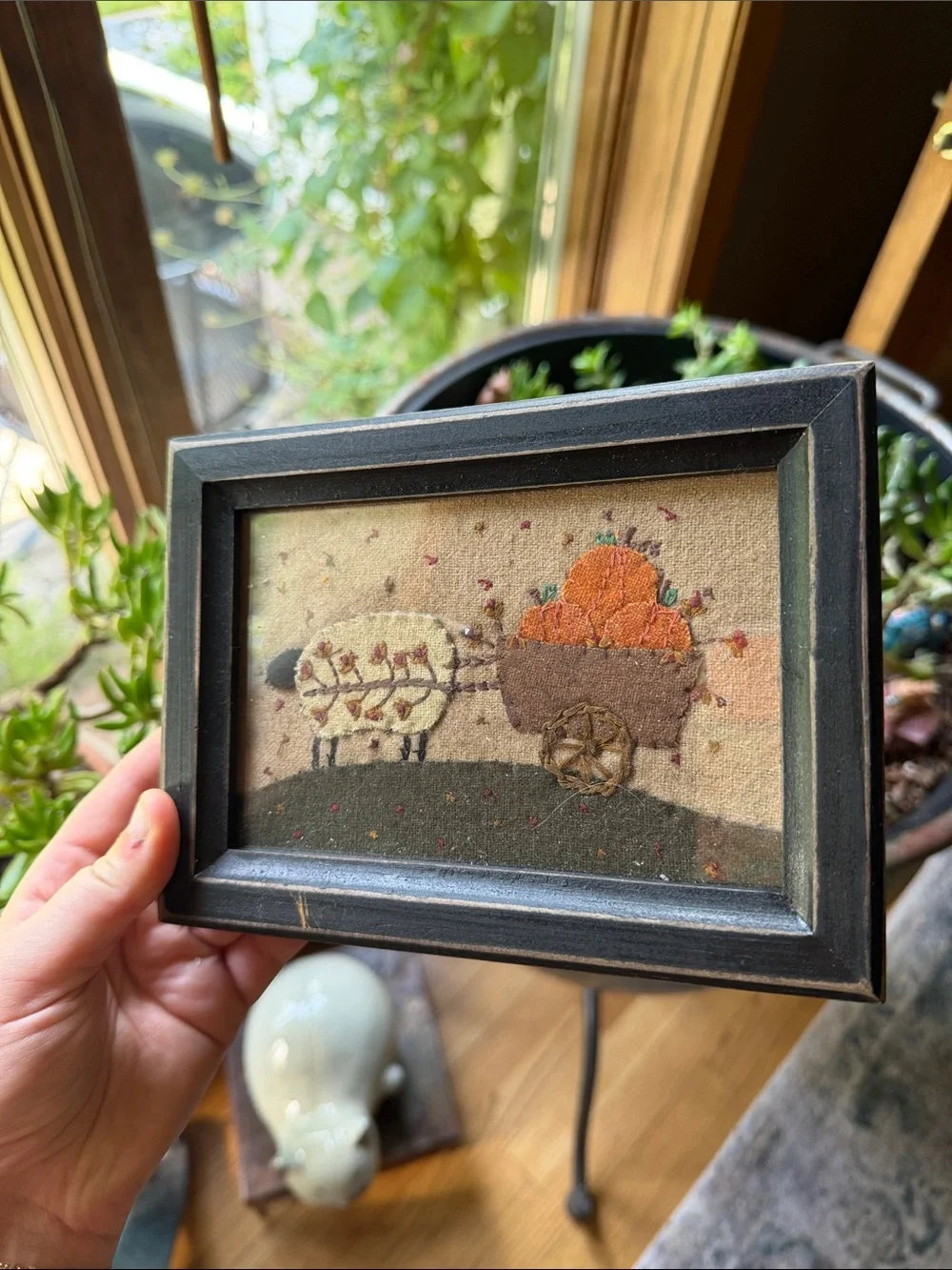 Vtg Halloween Felt Stitched Primitive Pumpkin Framed and Sheep with Pumpkins Art